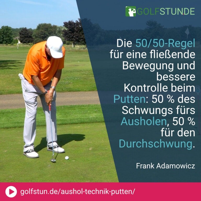 🎯 Eine kontrollierte Ausholbewegung ist entscheidend für präzise Putts.
🏌️ 50/50-Regel: Ausholen und Durchschwung sollten gleich lang sein.
➡️ Gerader Rückschwung hilft, den Ball auf Linie zu halten.
🎯 Fließende Bewegung ohne Stoppen verbessert die Rollkontrolle.