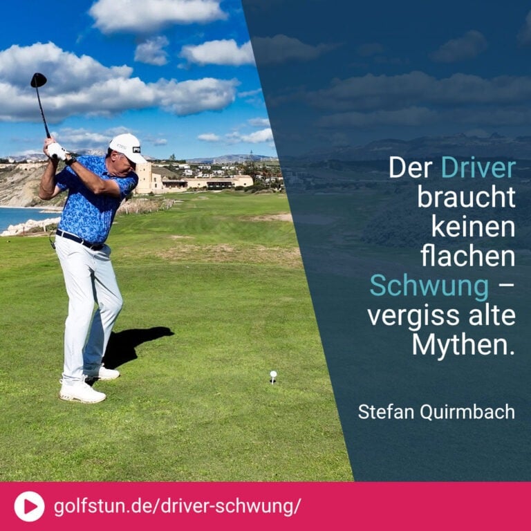 🏌️‍♂️ »Flach schwingen« mit dem Driver ist ein Irrtum
💡 Der Schwung sollte über die rechte Schulter gehen, wie beim Eisen.
💡 Optimal: von innen nach außen – für mehr Länge und weniger Spin.
💡 Hohes Tee bringt nur mit Aufwärtstreffer und wenig Loft den gewünschten Effekt.
💡 Denk an eine Tennis-Vorhand: hoch, locker fallen lassen, kraftvoll durchziehen.