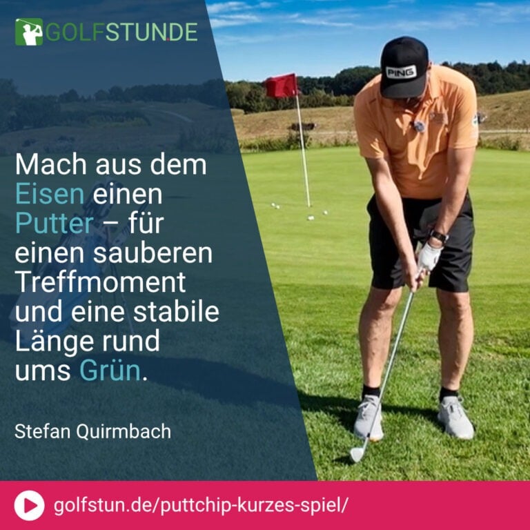 ⛳ Puttchip = Puttbewegung mit Eisen, ideal bei Semirough oder unruhigem Vorgrün.
🏌️‍♂️ Schläger steil aufstellen, kürzer greifen, wie beim Putten pendeln.
✅ Ergebnis: kurzer Flug, sicheres Rollen zur Fahne.