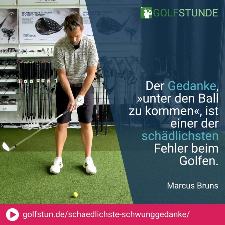 🏌️‍♂️ Der Gedanke »unter den Ball zu kommen« führt oft zu Fehlschlägen – vermeide diese Denkweise!
💡 Für Höhe und Weite brauchst Du einen stabilen Abwärtsschwung, nicht eine Hebebewegung.
💡 Stell Dir vor, Du »wirfst« den Ball nach vorne – das hilft, Gewicht und Schwungenergie richtig zu nutzen.
💡 Übung: Beim Schwung das Gewicht auf dem vorderen Bein lassen und eine leichte Abwärtsbewegung durch den Ball führen.