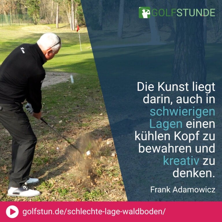 🌲 Herausforderung auf dem Golfplatz: Schwierige Lagen wie Bodenlaub oder teilweise verdeckte Bälle.
🌲 Sorgfältige Analyse: Hindernisse wie Blätter entfernen und die Lage genau beurteilen.
🌲️‍♂️ Anpassung der Technik: Unkonventionelle Schläge für unebene, ungewohnte Positionen.
🌲️‍♂️ Wahl des richtigen Schlägers: Überlege, ob ein Sand Wedge oder ein Gap Wedge besser geeignet ist.
🌲 Zielsetzung beim Schlag: Plane einen Schlag, der den Ball bis zum Rand des Grüns bringt, um weiteres Rollen zu berücksichtigen.
🌲‍♂️ Stehposition und Schlagtechnik: Schmalere Haltung, Ball leicht rechts positionieren, um "Fettschlagen" zu vermeiden; kontrollierter Schwung, um den Ball sauber zu treffen.
🌲 Übe unkonventionelle Schläge: Trainiere "Trouble Shots", um in schwierigen Situationen besser zu agieren.
🌲 Kreativität und Lösungsfindung: Im Golf geht es darum, kreativ zu sein und Lösungen für jede Herausforderung zu finden.
🌲 Verbesserung durch Übung: Mit Geduld und Übung lernen, aus anspruchsvollen Positionen erfolgreich herauszukommen.
🌲️‍♂️ Spaß und Spannung: Schwierige Lagen bieten Gelegenheiten für spannende und abwechslungsreiche Spielmomente.